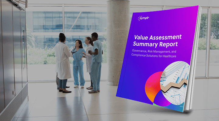 Group of healthcare workers talking in a hospital hallway with the cover of the Value Assessment Summary Report superimposed on top