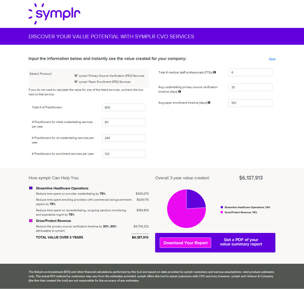Screenshot of the symplr CVO services calculator with 3-year value created as an example if you use the calculator