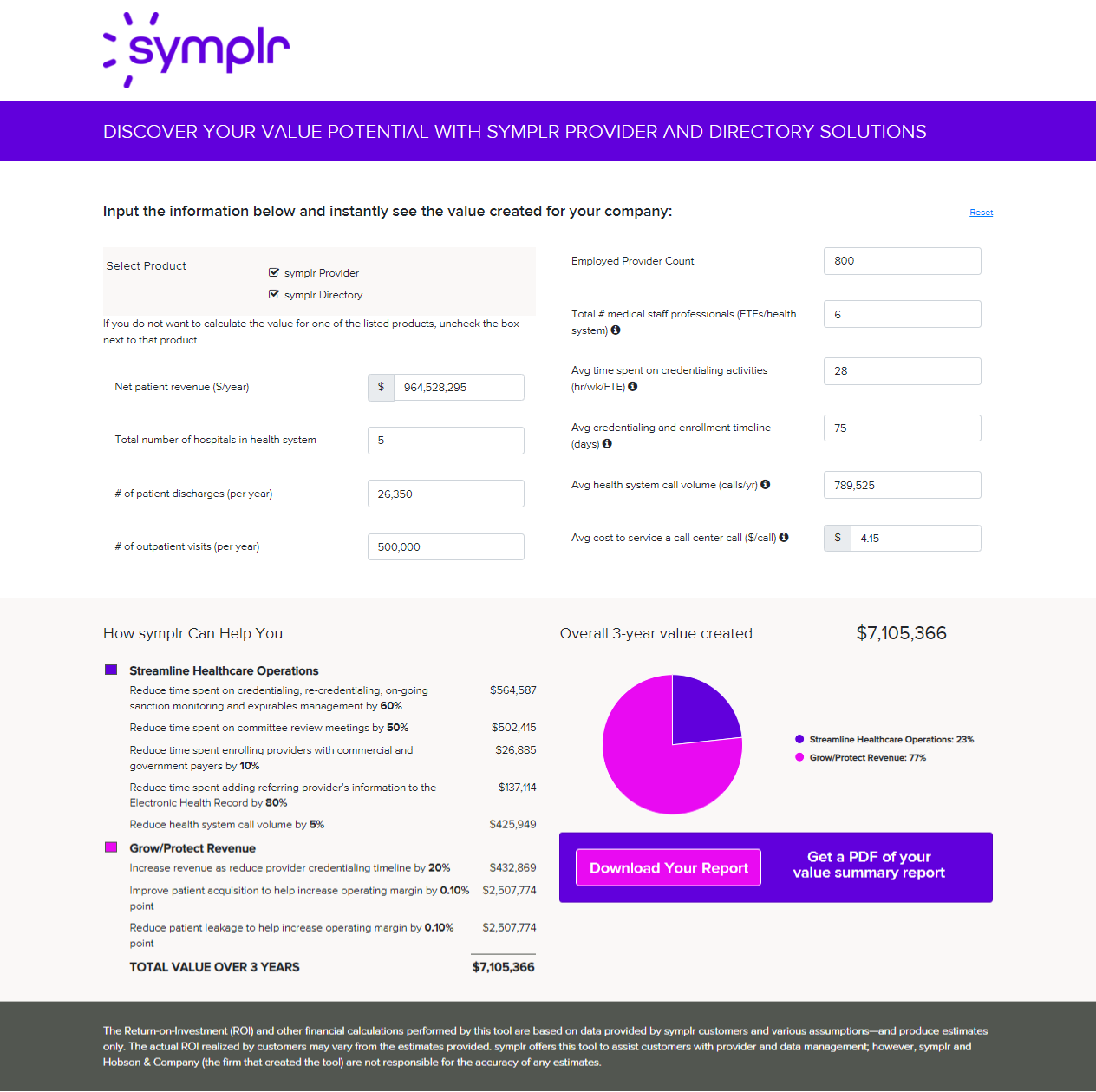 Screenshot of the symplr Provider and symplr Directory Value Calculator