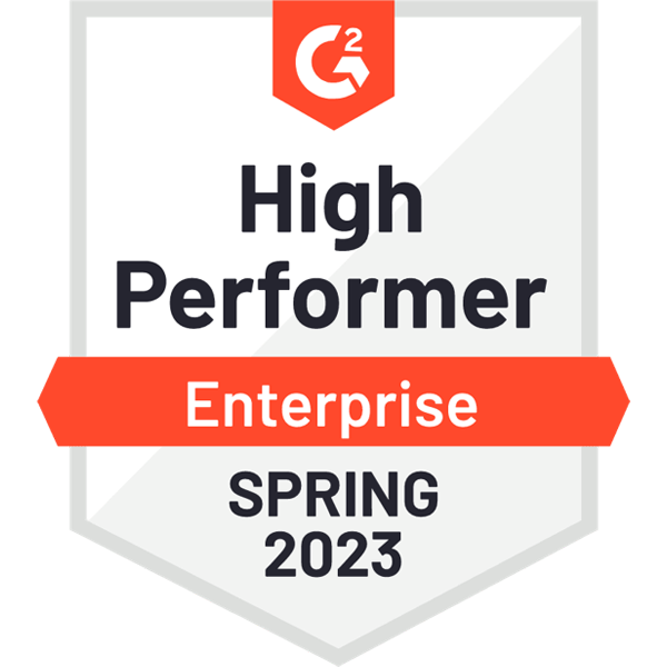 G2 badge: High Performer Enterprise Spring 2023 G2 600x600