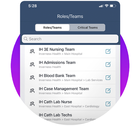 Screenshot of the symplr Clinical Communications product showing roles and teams