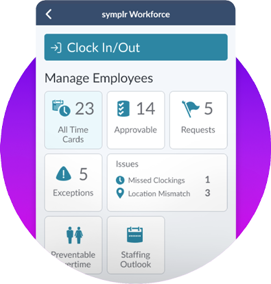 Product screenshot of symplr Workforce showing employees clocking in and out