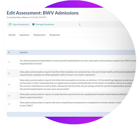 symplr Compliance product screenshot showing an edit assessment for admissions