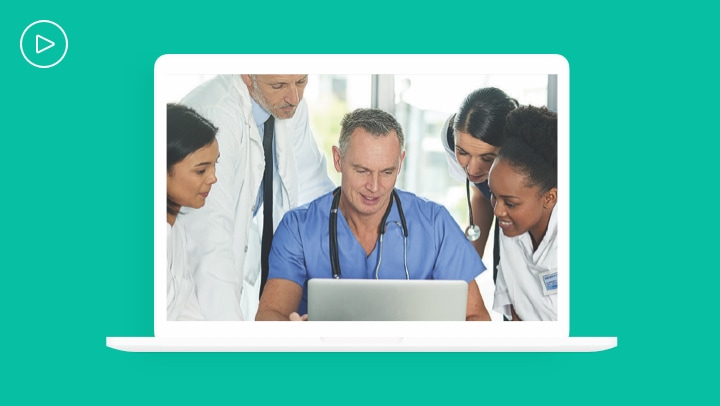 Webinar thumbnail showcasing a group of doctors huddled around a computer