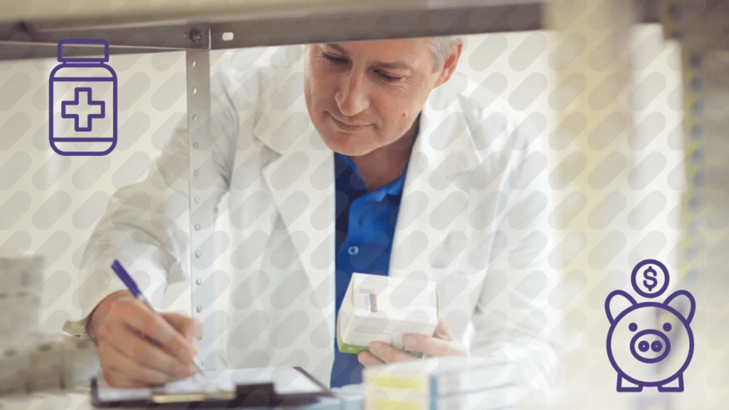 A physician in a white coat writes on a clipboard while holding a medication box, with icons of a medicine bottle and a piggy bank.