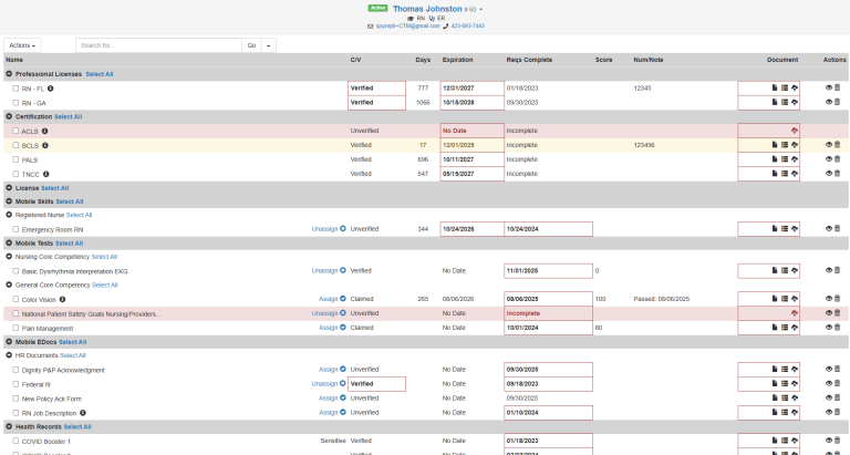 symplr CTM clinician credentialing dashboard showing licenses, certifications, skills, and document statuses.