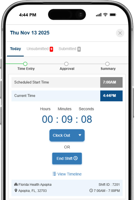 symplr CTM mobile time-entry screen showing shift details and clock-out options.